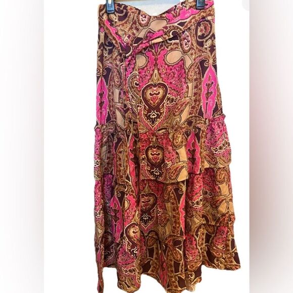 A Loves A Pink Paisley Linen Tiered Ruffle Boho Maxi Skirt - Medium - Picture 1 of 5